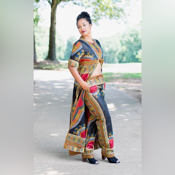 Handmade Black African Print Ankara Dashiki Two Piece Pants Set - Picture 3 of 6